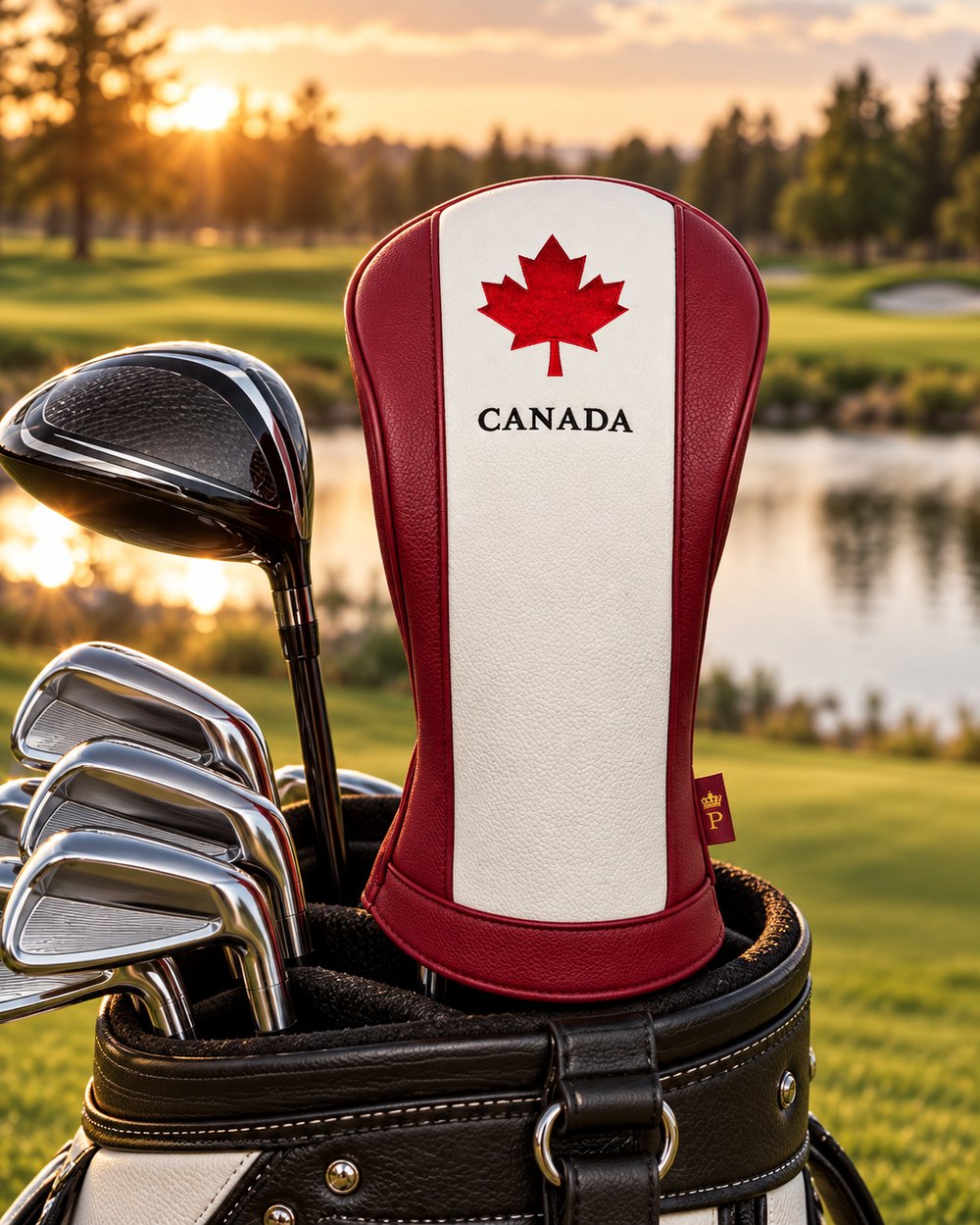 Canada Series driver headcover in a golf bag at sunset