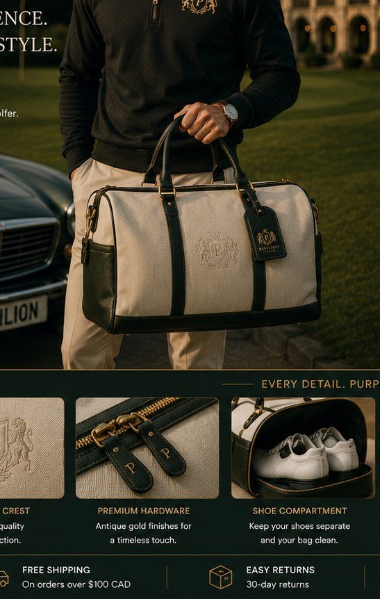 Pavilion duffel bag and quarter-zip, styled beside a classic car at a private clubhouse
