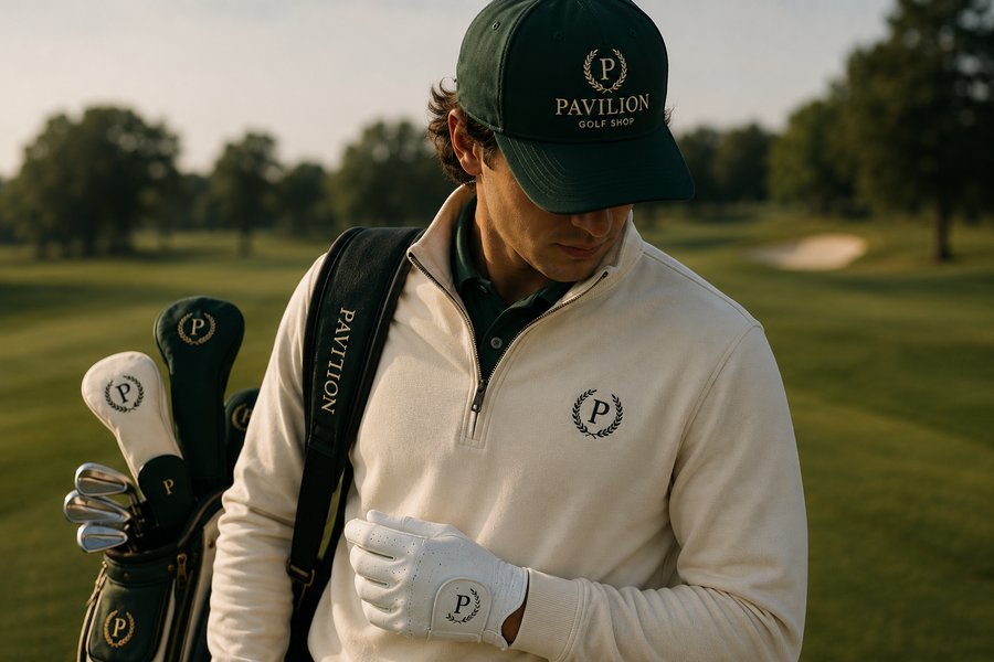 Golfer in a Pavilion cap and cream quarter-zip carrying a Pavilion golf bag, golden hour on the course